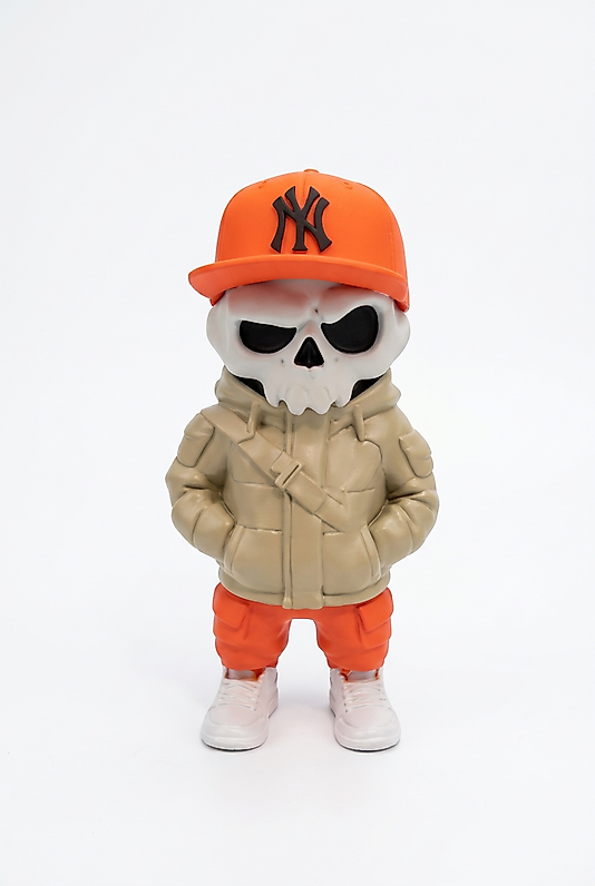 NY Şapkalı Kurukafa 3D Baskı Figür - Streetwear Masa Dekoru